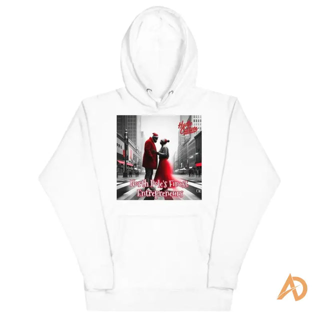 White pullover hoodie featuring a black and red urban scene, embodying festive spirit