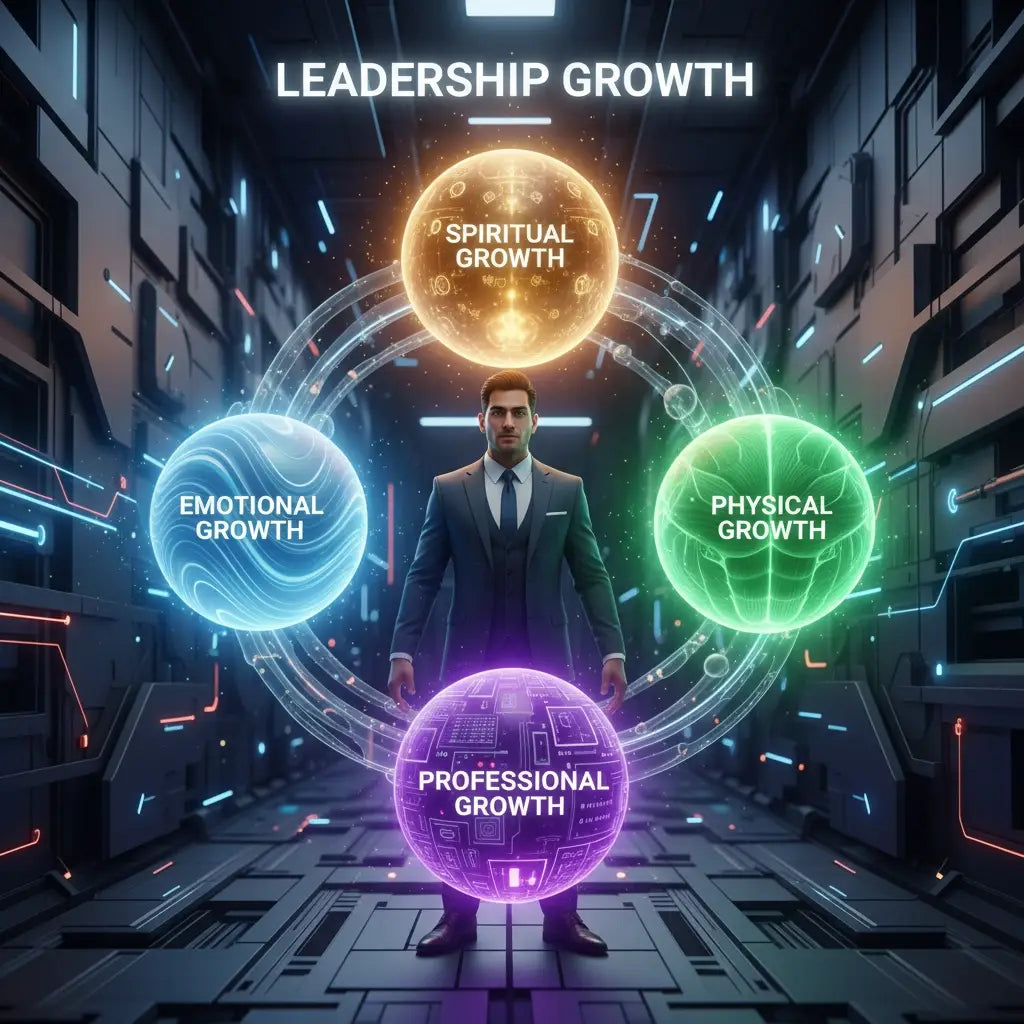 Blue and purple neon globe with Christian leadership discipline text for overcoming burnout