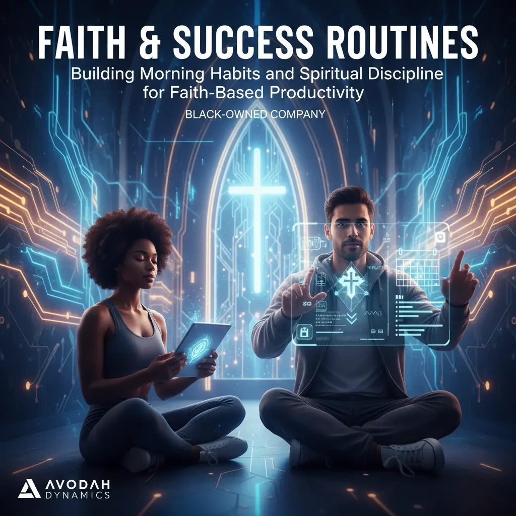 Futuristic blue tablet glowing with faith-based productivity morning habits.