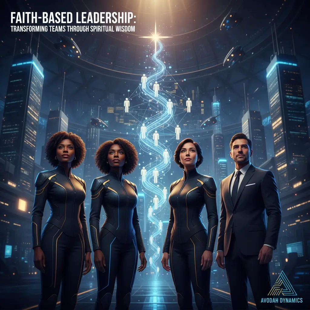 Futuristic cityscape with holographic neon lights inspiring faith-based leadership