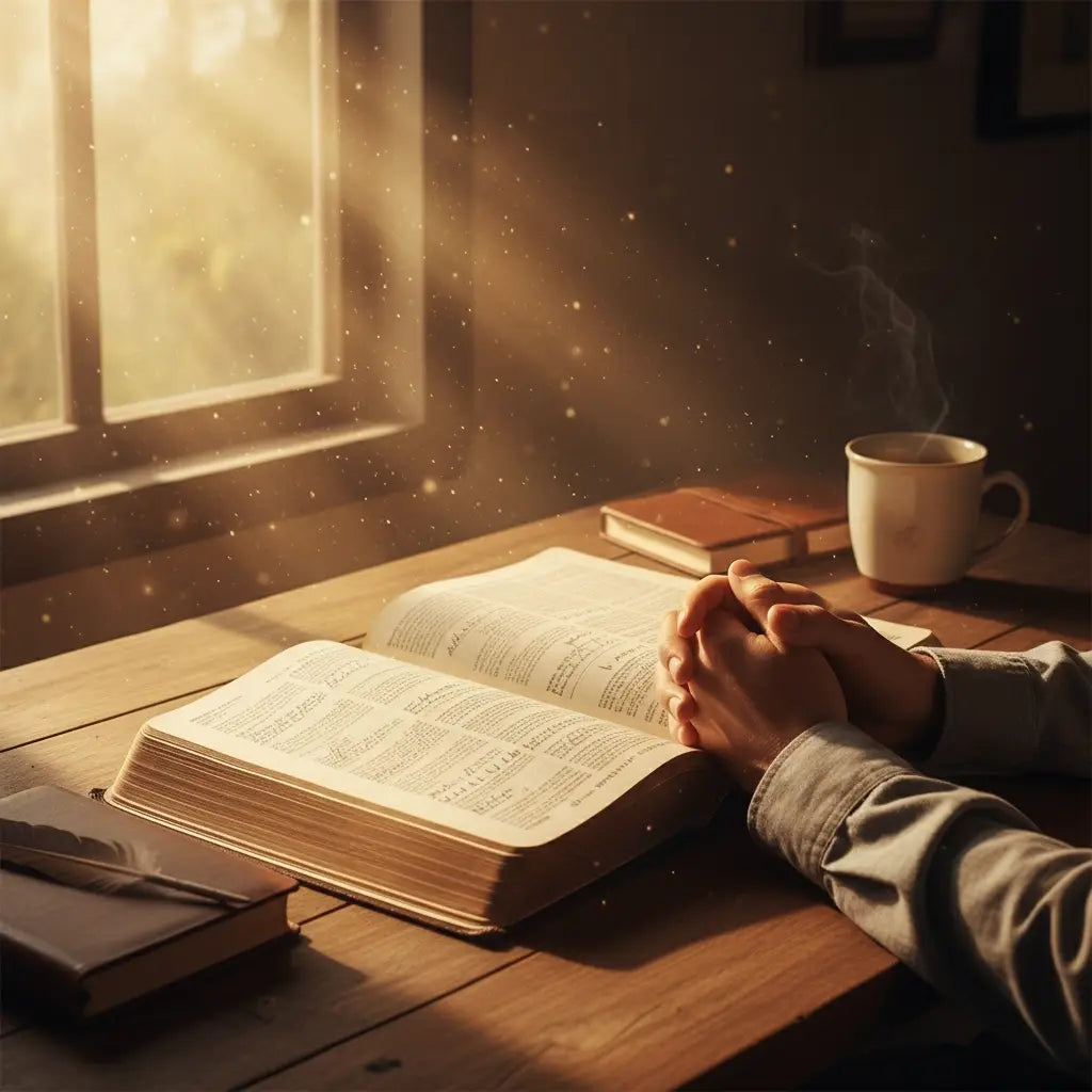 Open Bible with clasped hands in prayer symbolizing divine encouragement and biblical affirmations