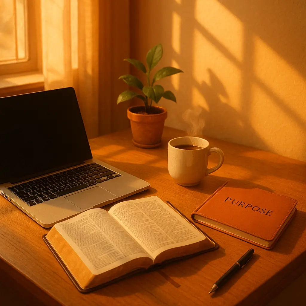 Open book with dark cover and light pages representing heaven-minded hustle for professionals