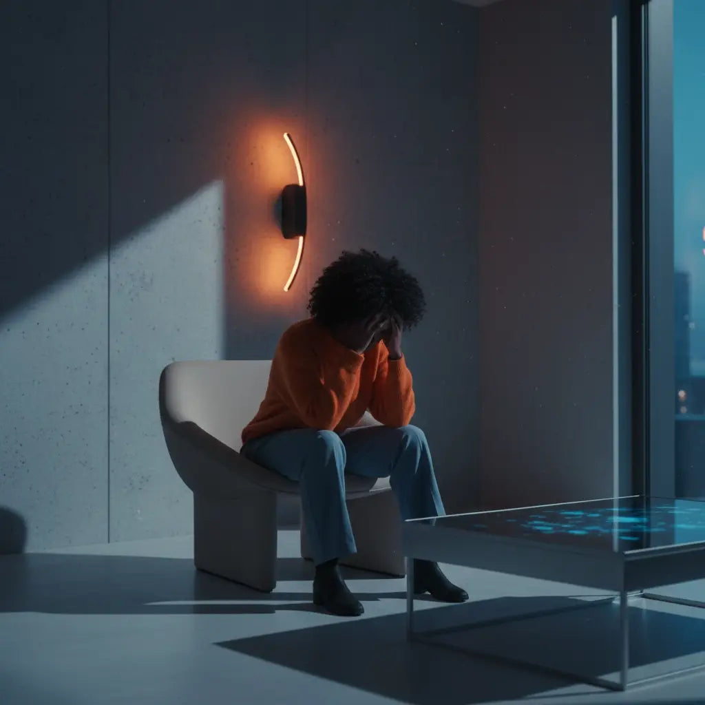 Person in orange sweater with black pants and shoes on white chair, embodying spiritual discipline in Christian coaching by Avodah Dynamics