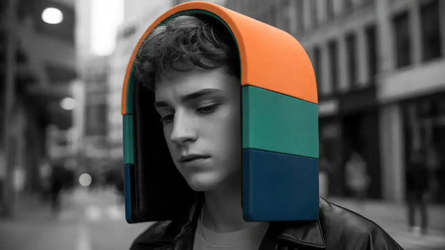 Orange and teal foldable travel hat with a black leather jacket.