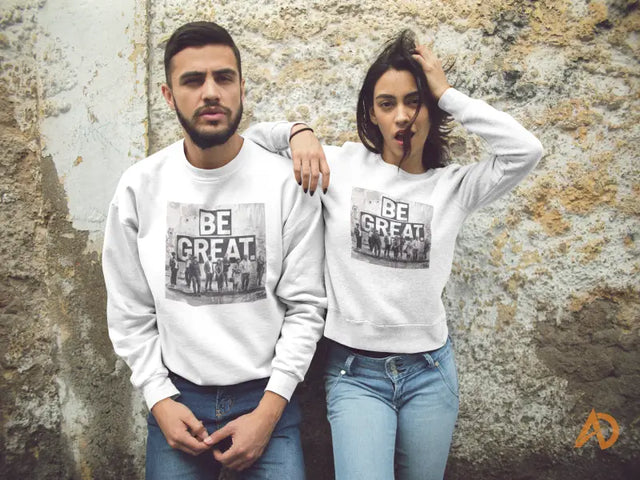 Two individuals in matching Organic Cotton Sweatshirts by Hustle Culture and Avodah Dynamics