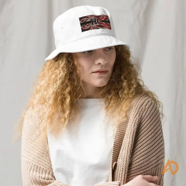 White organic cotton bucket hat with decorative patch logo for Hustle Culture