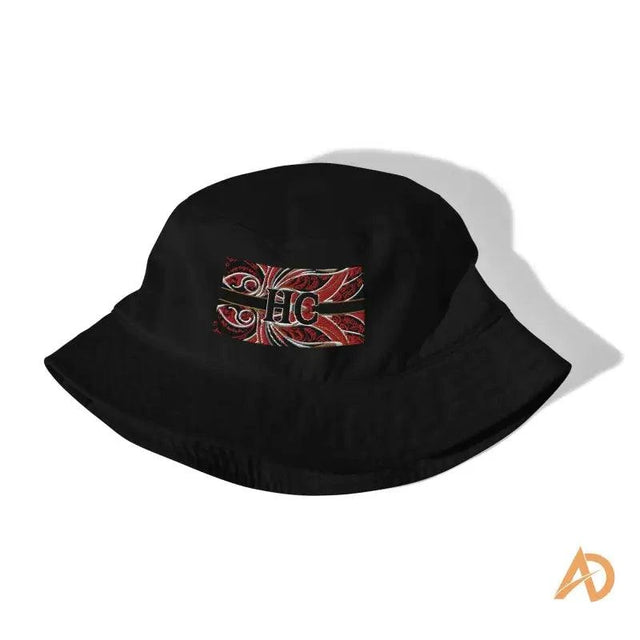 Black organic cotton bucket hat with red and white embroidered Hustle Culture logo