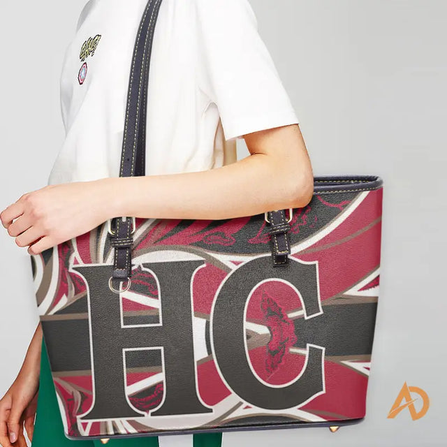 Stylish Paisley Large Leather Tote Bag featuring HC lettering on red and gray design