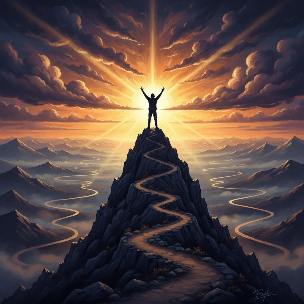 Person celebrating divine encouragement atop mountain path with biblical affirmations under God’s eyes