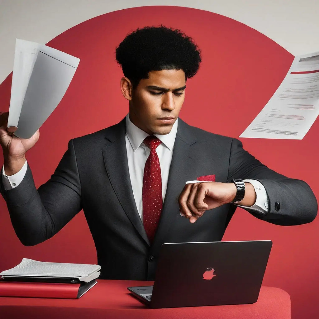 Person in a black suit and red tie working at a laptop, embodying hustle culture for personal development.