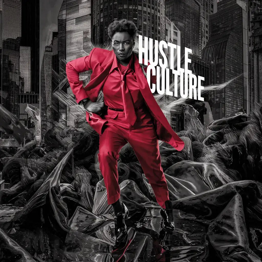 A person in a bright red suit poses dynamically, embodying hustle culture in a fast paced world.