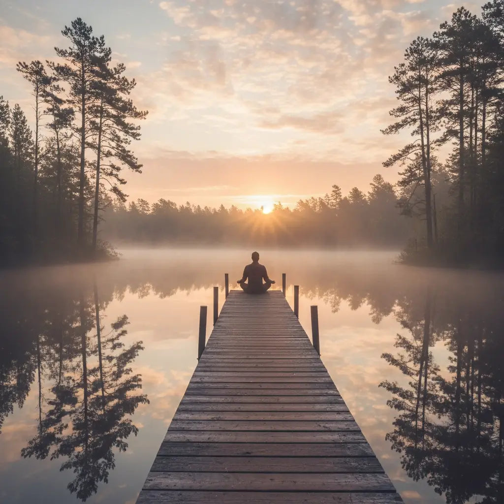 Person meditating on a wooden dock at sunrise promoting professional growth while escaping burnout culture