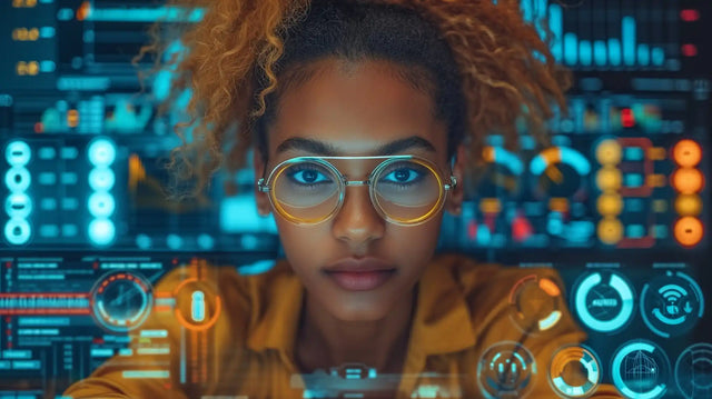 A person wearing round glasses and a yellow jacket against a backdrop of digital displays and data visualizations.