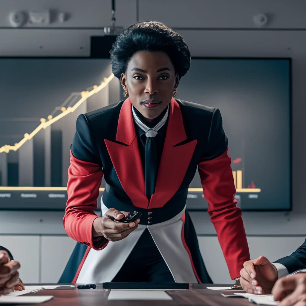 Person in red and black color-blocked blazer exemplifying purposeful leadership at conference table.