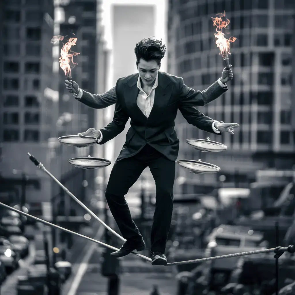 Person in a suit balancing on a tightrope, showcasing leadership skills in hustle culture.