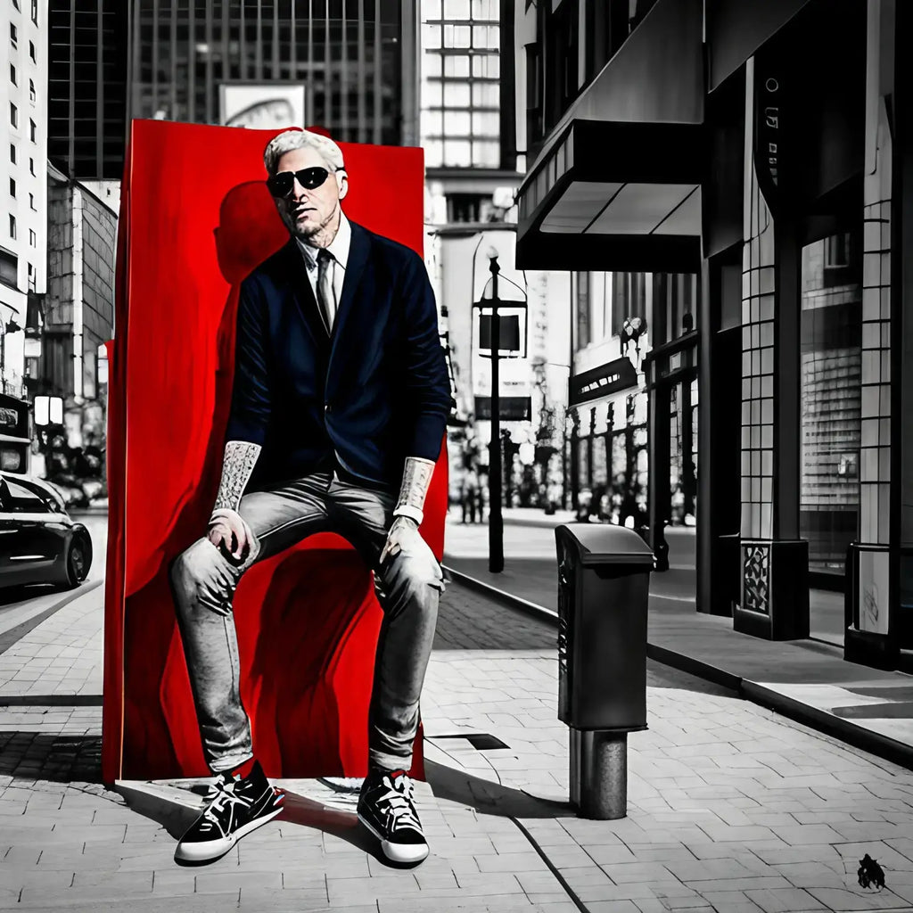 Person in sunglasses and suit jacket against a red wall representing transformation journey.