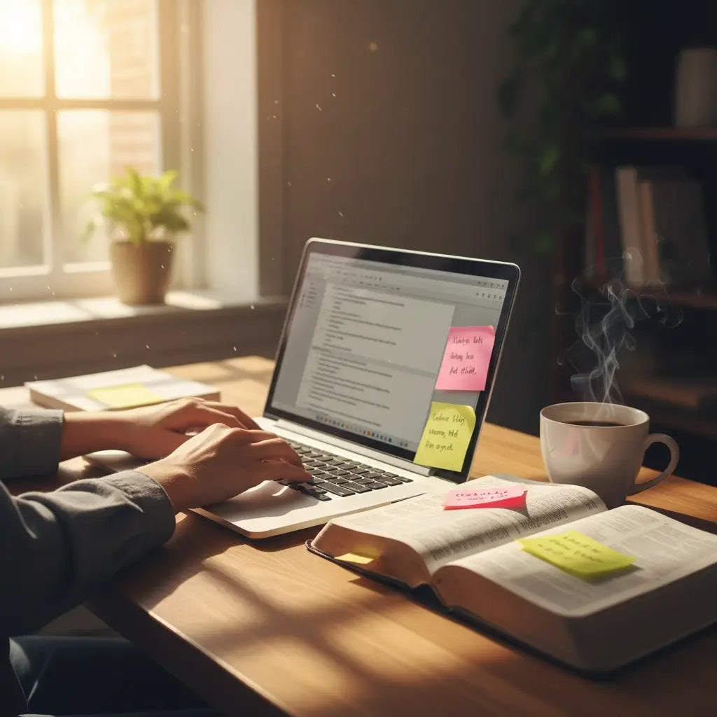 Person typing on laptop with open book and coffee, embodying Monday morning anticipation