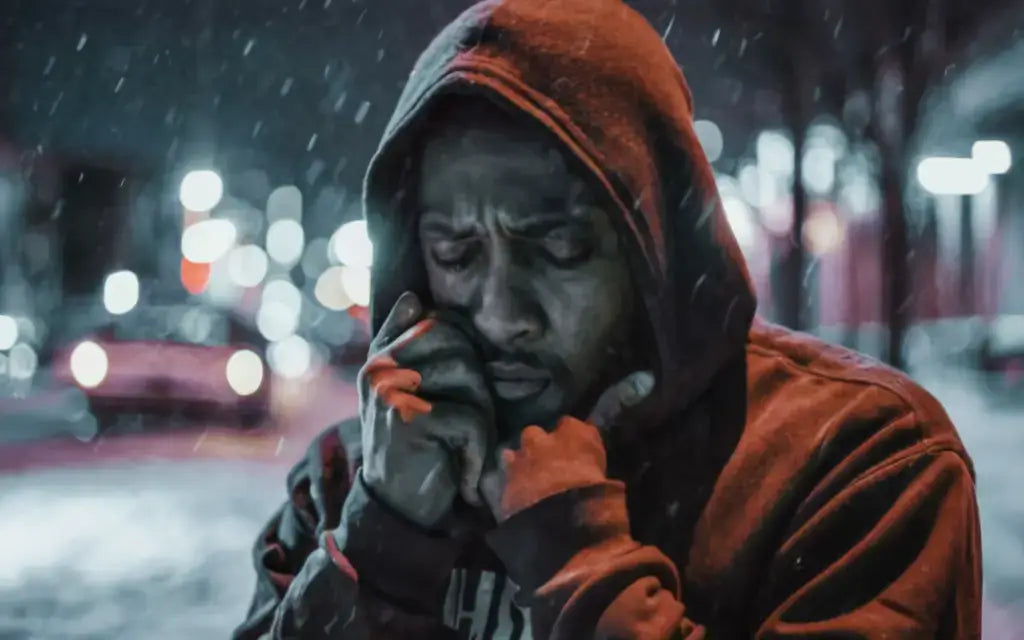 Individual in orange sweatshirt reflects on unresolved emotions during rainy weather.