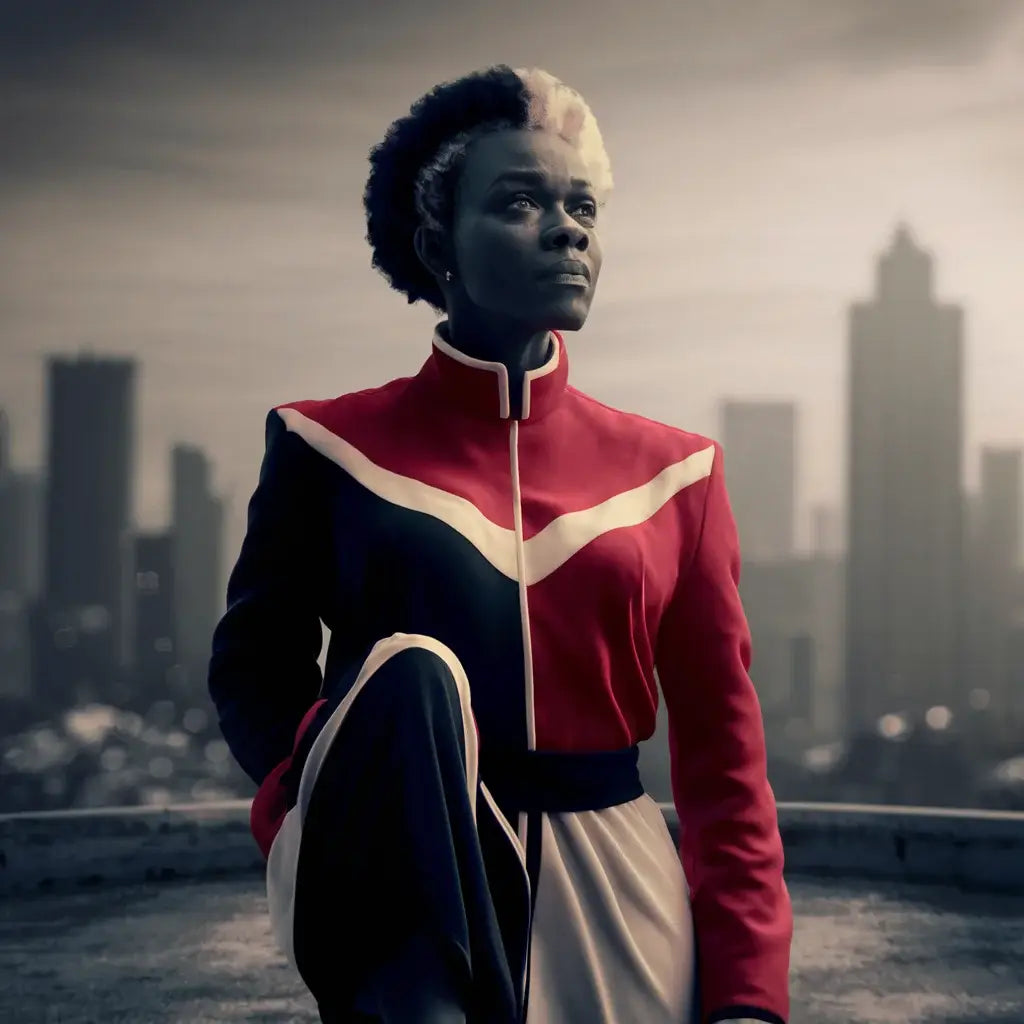 Person in red and white athletic jacket with city skyline, embodying emotional intelligence for team members.