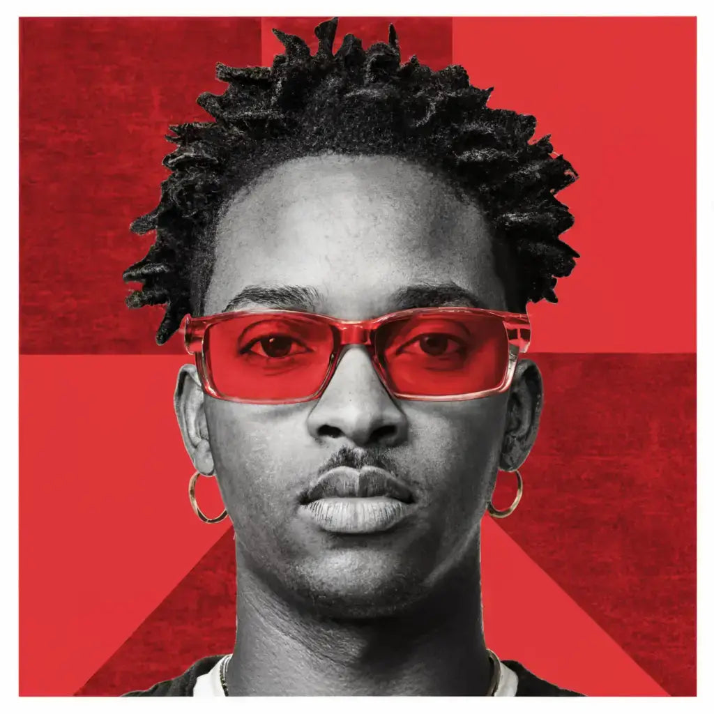 Portrait of red-tinted glasses and silver hoop earrings symbolizing personal growth.