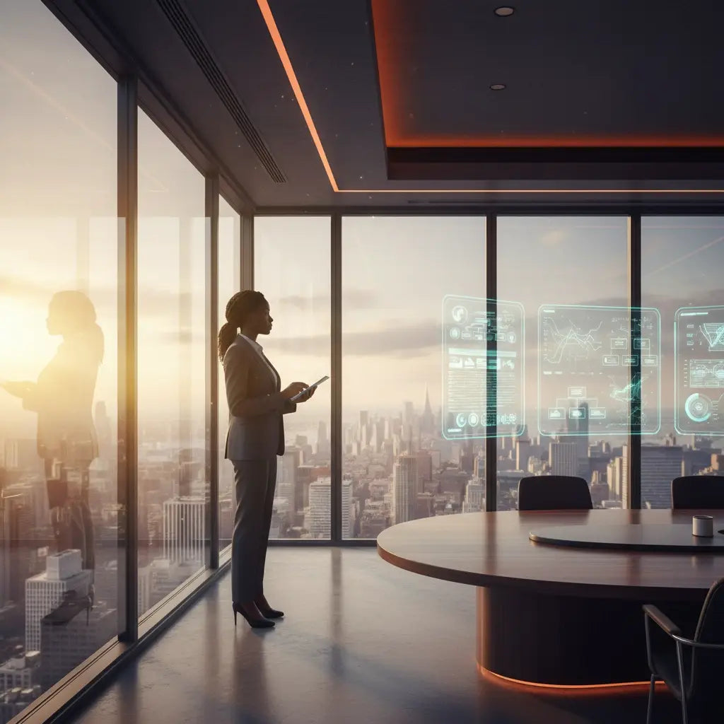 Faith-based Christian leadership in black leather suit with holographic overlay