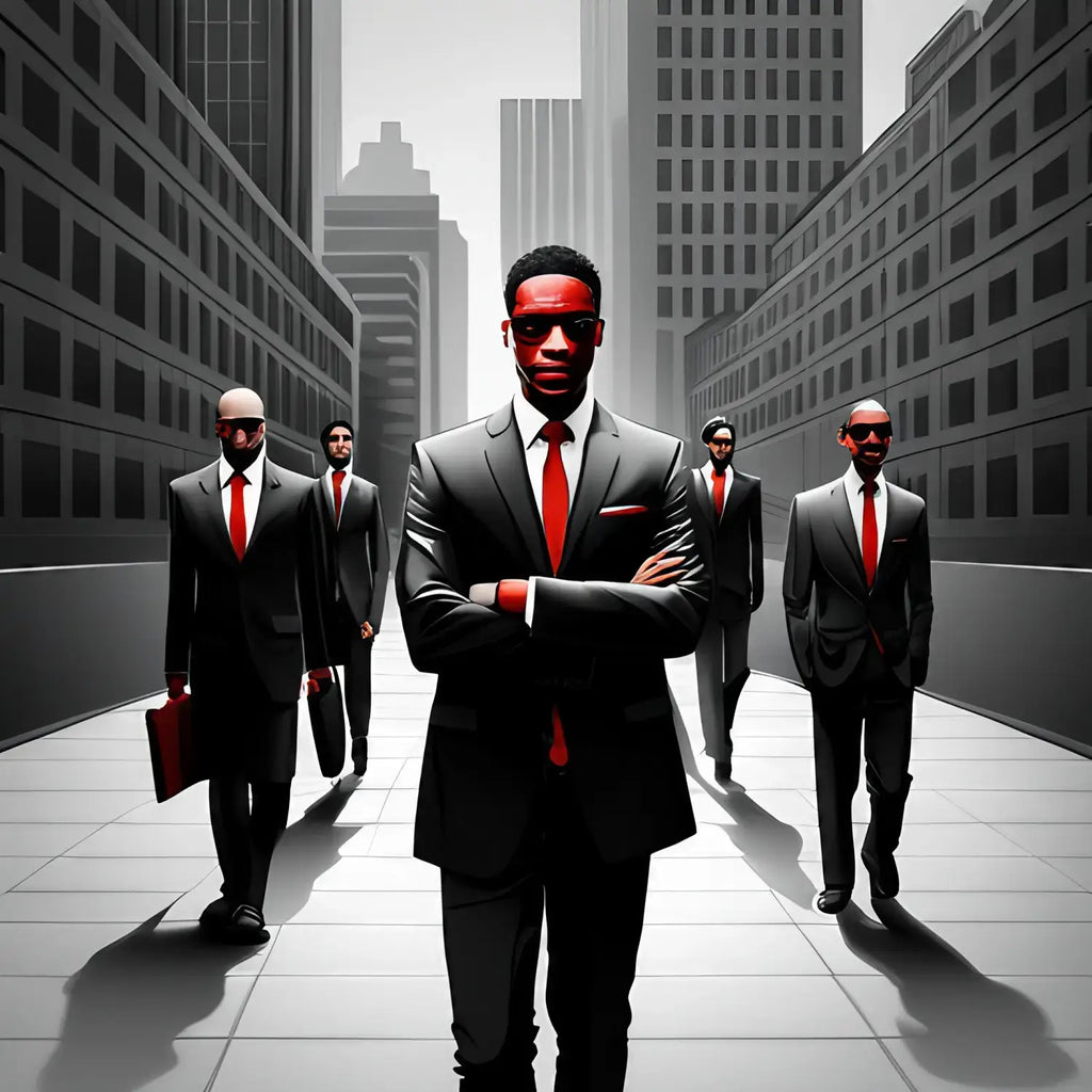 Professional figures in black suits and red ties showcasing resilience in the hustle culture.