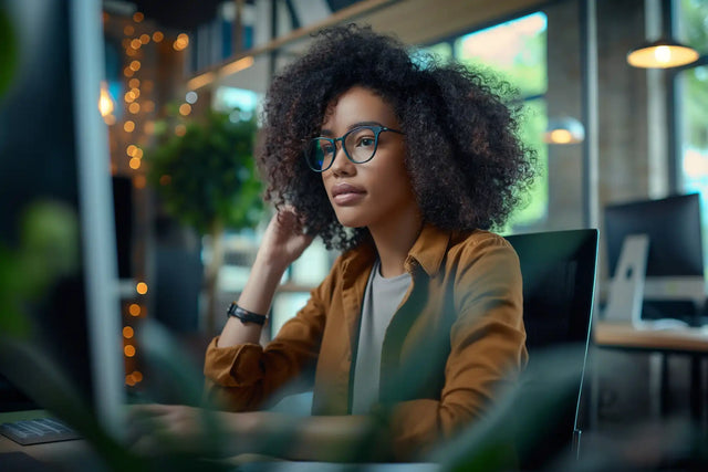 Professional wearing glasses and a brown blazer while working at a desk.