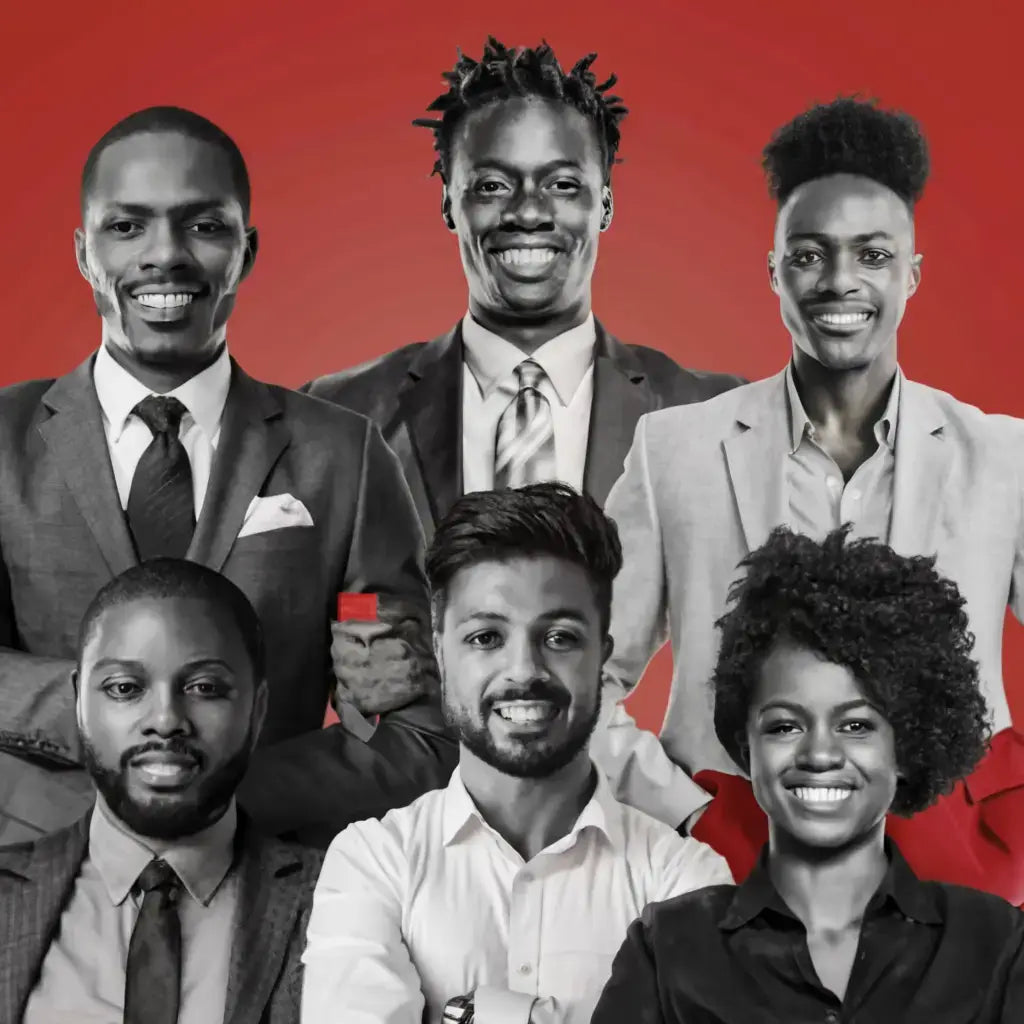 Professional group portrait of Black entrepreneurs against a striking red background.