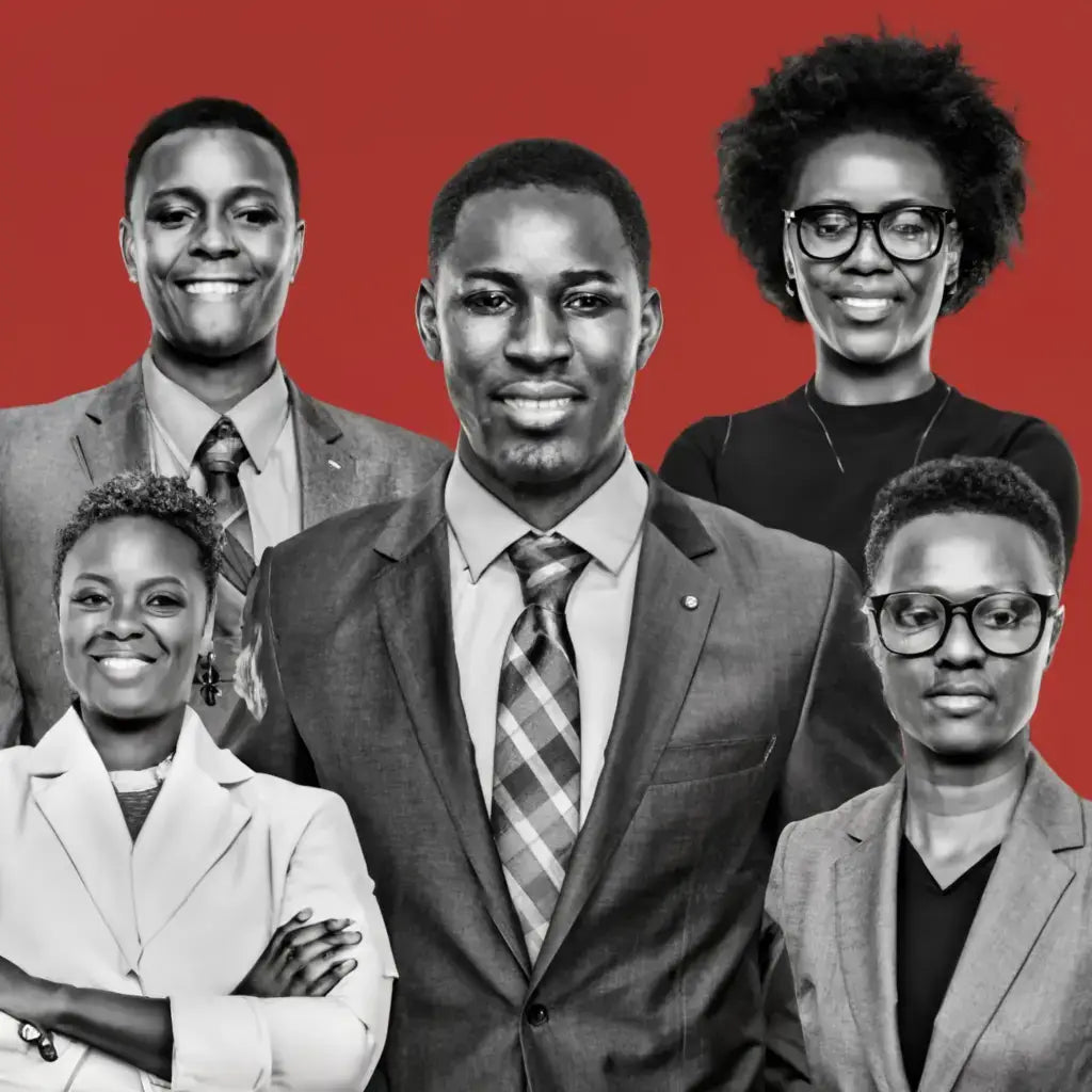 Professional group portrait of black entrepreneurs in business attire against red background.