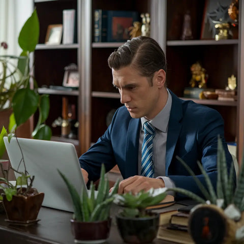 Professional in navy suit exemplifying Christian work ethic while working at a laptop.