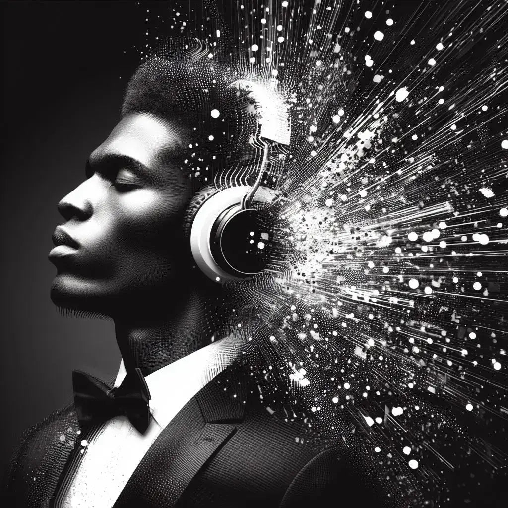 Profile portrait with headphones and explosive light, reflecting hustle culture’s emotional journey.