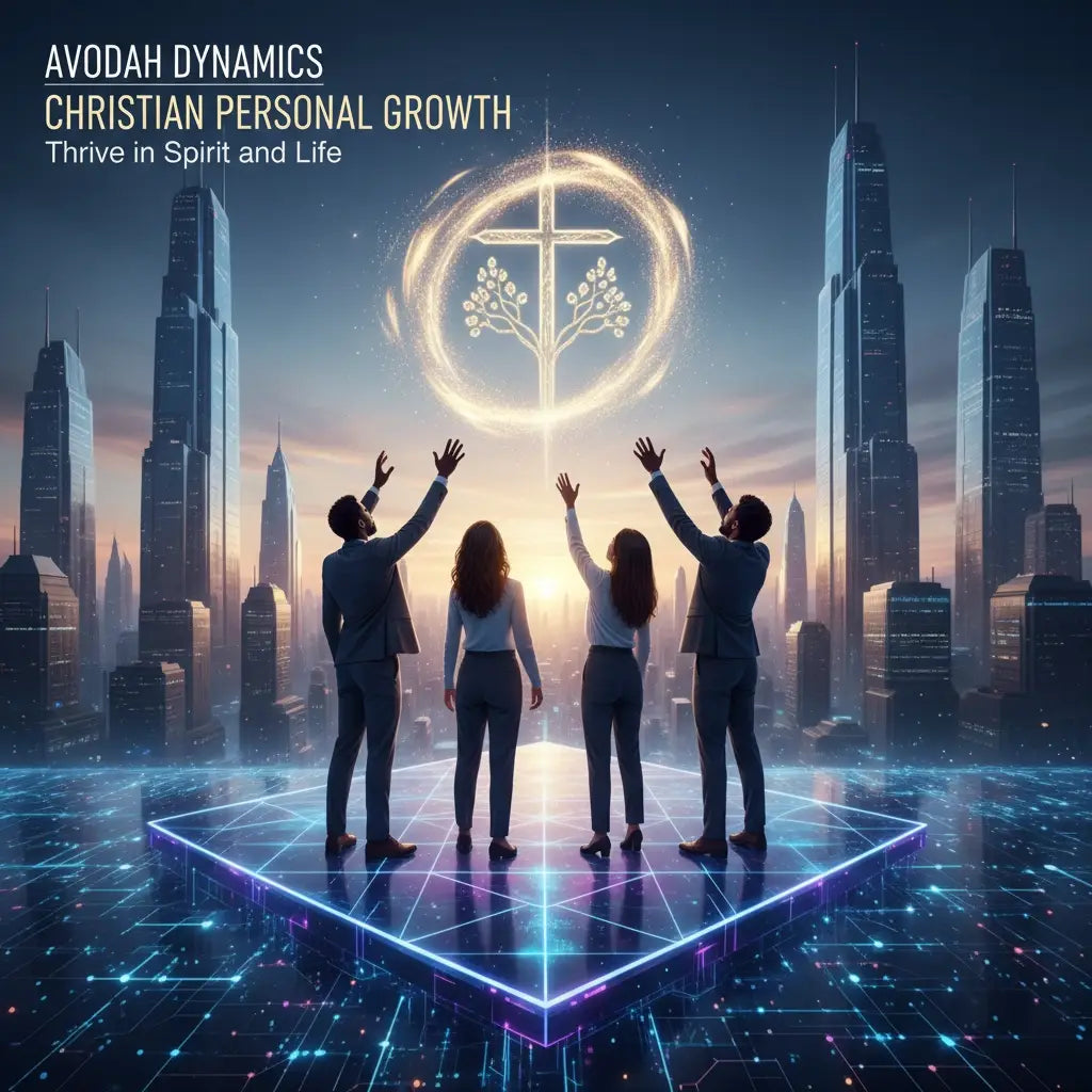 Group of 4 in futuristic city with glowing cross for Christian coaching and spiritual growth