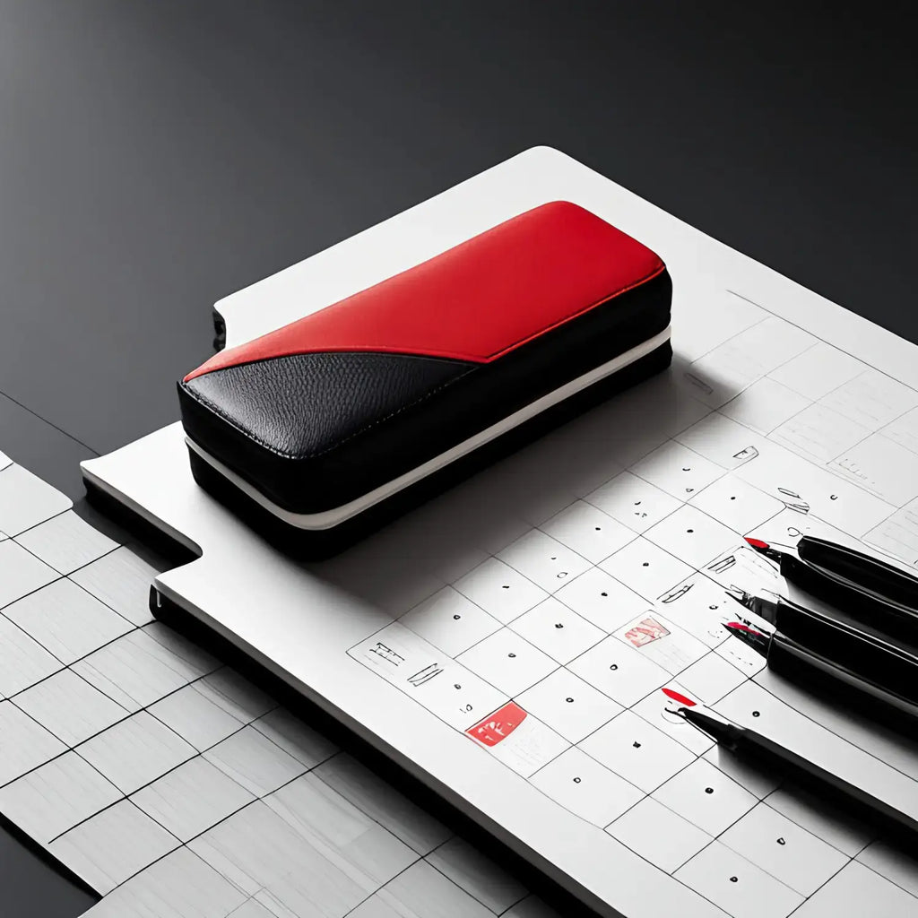 Red and black leather pencil case with white trim for organizing similar tasks in time blocking.