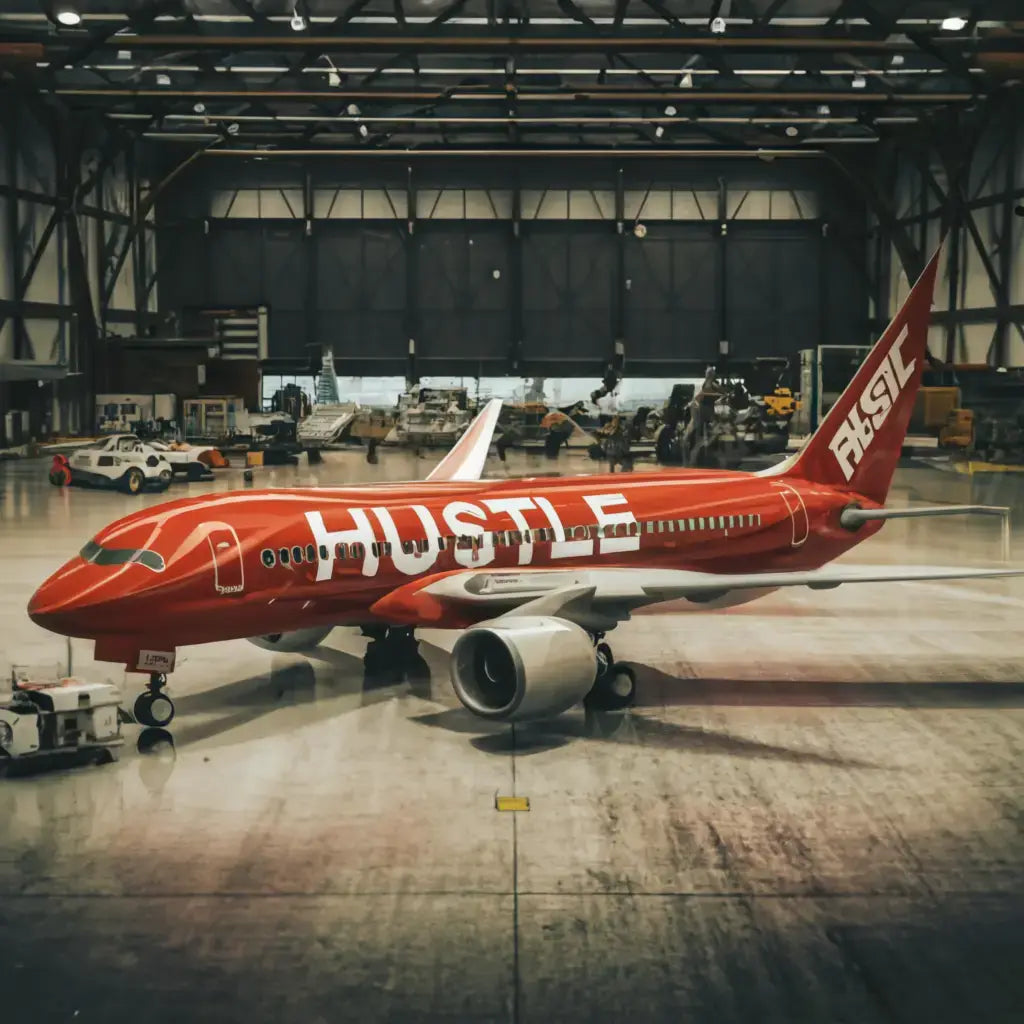 Red commercial aircraft with HUSTLE painted, symbolizing clear goals to overcome procrastination.