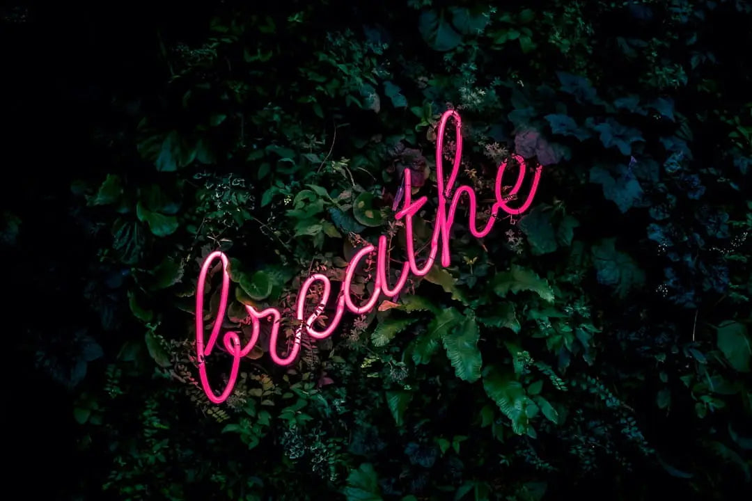 Red neon breathe sign against dark leafy background illustrating mindfulness practices for stress relief