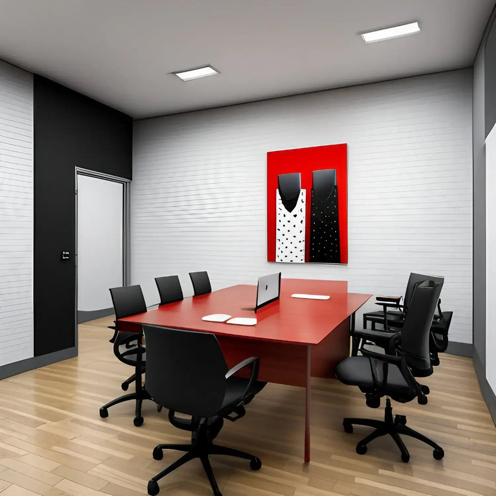 Red rectangular conference table with black office chairs for team members maximizing productivity.