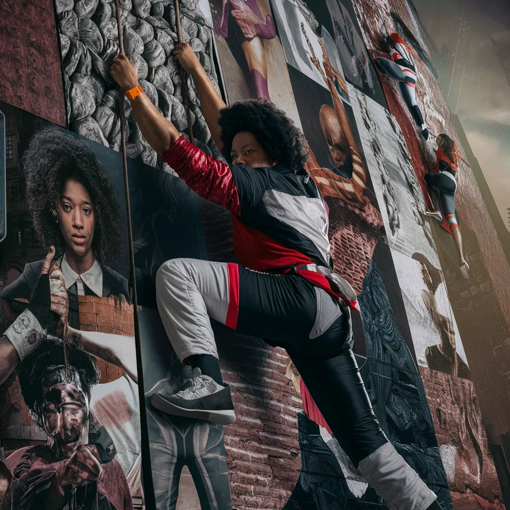 Rock climber in red and black gear exemplifying resilient leadership in hustle culture.