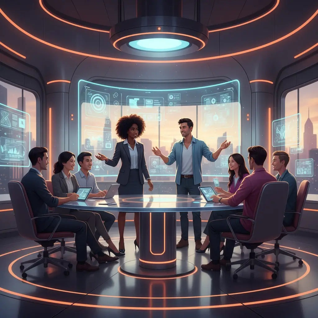 Futuristic round glass table with orange neon in hustle culture setting