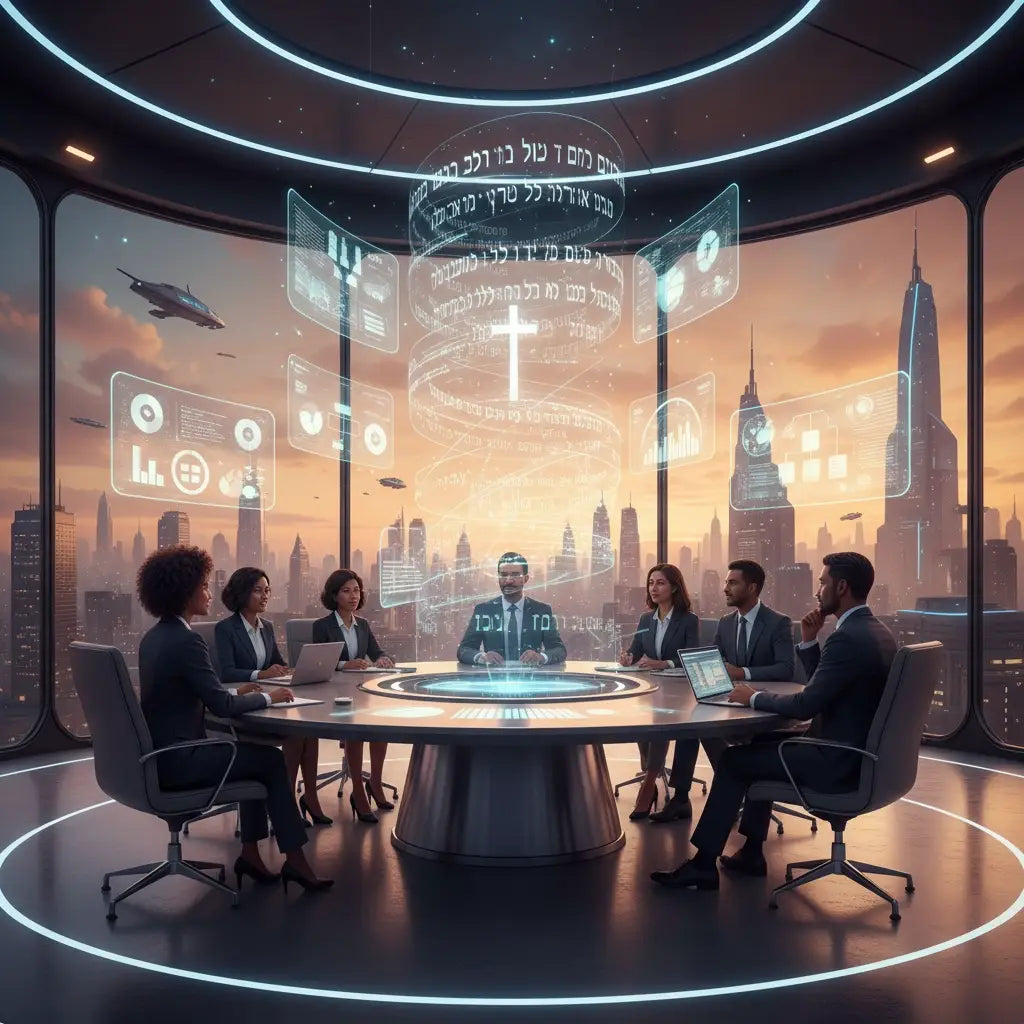 Futuristic round glass table in reborn Christian communities for purpose-driven professionals