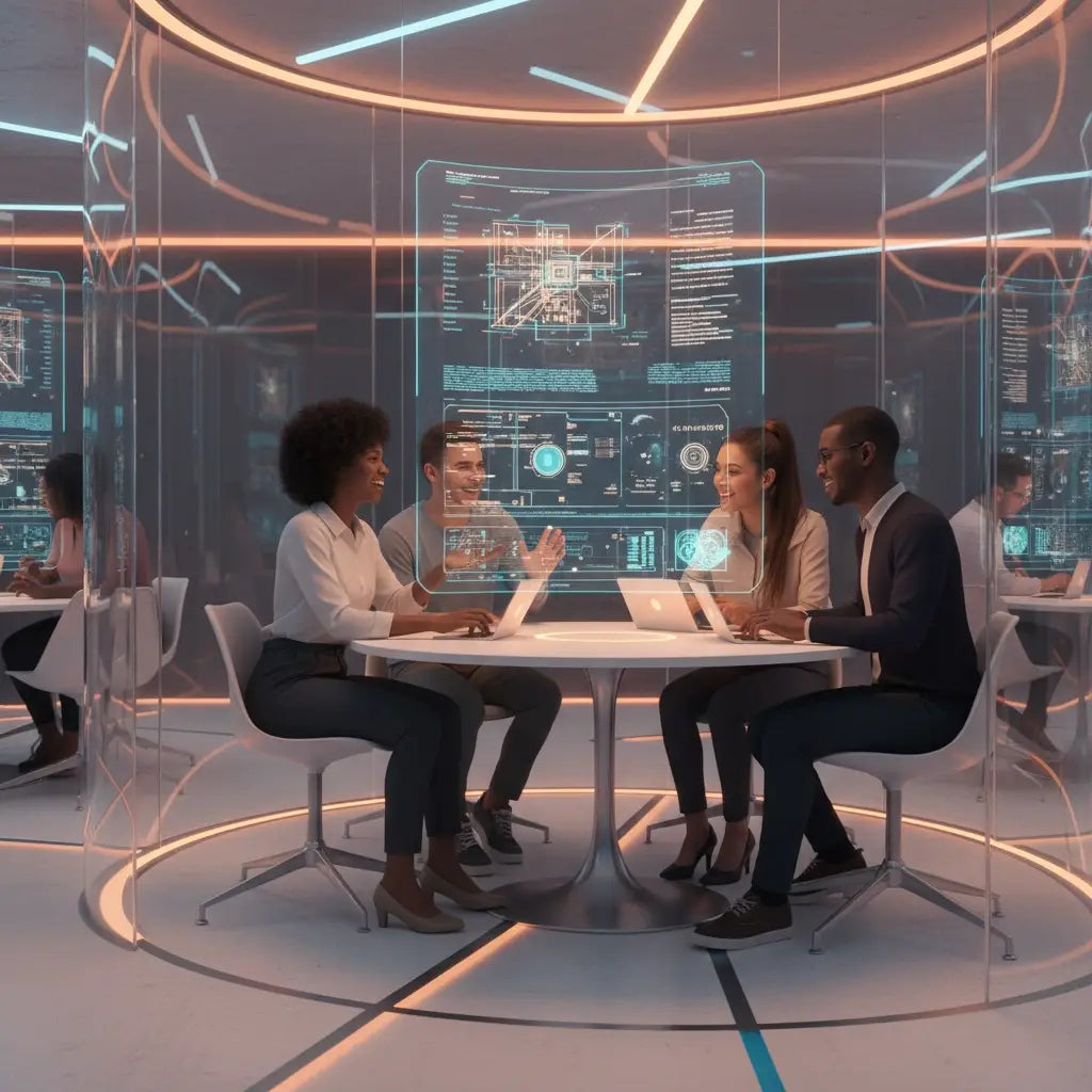 Round glass table with holographic display in Avodah Dynamics Christian coaching