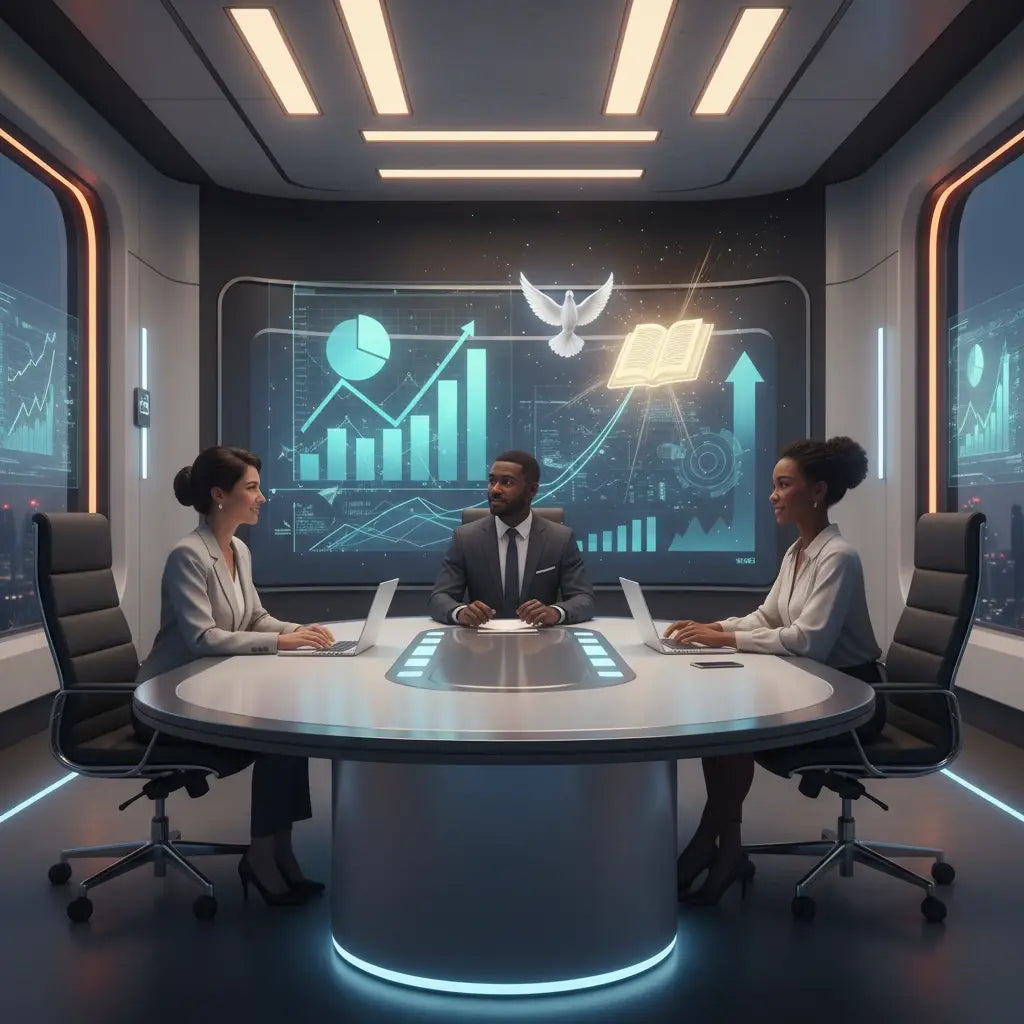 Modern round glass table with illuminated edge, embodying kingdom values in Christian executive leadership.