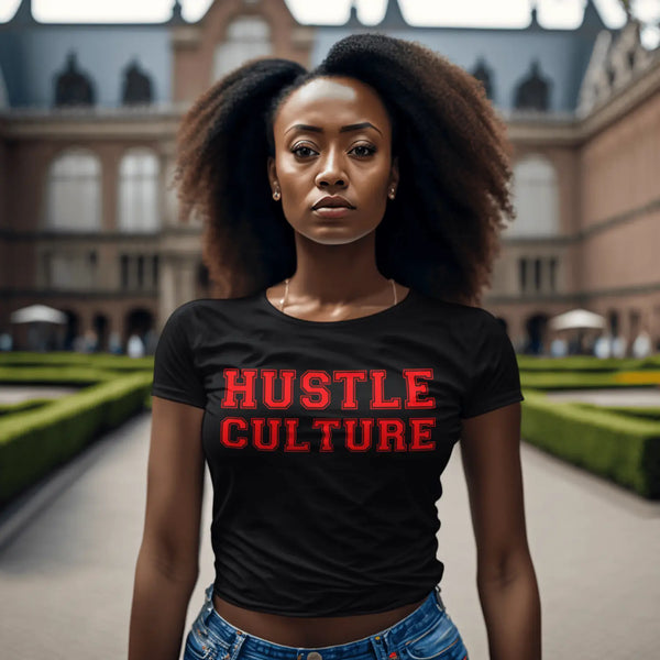 Black crop top featuring red HUSTLE CULTURE text for Hustle Mentality Clothing brand.