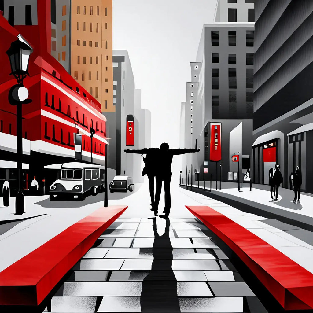 Silhouetted figure balancing on a red-lined pathway, embodying finding balance in hustle culture.