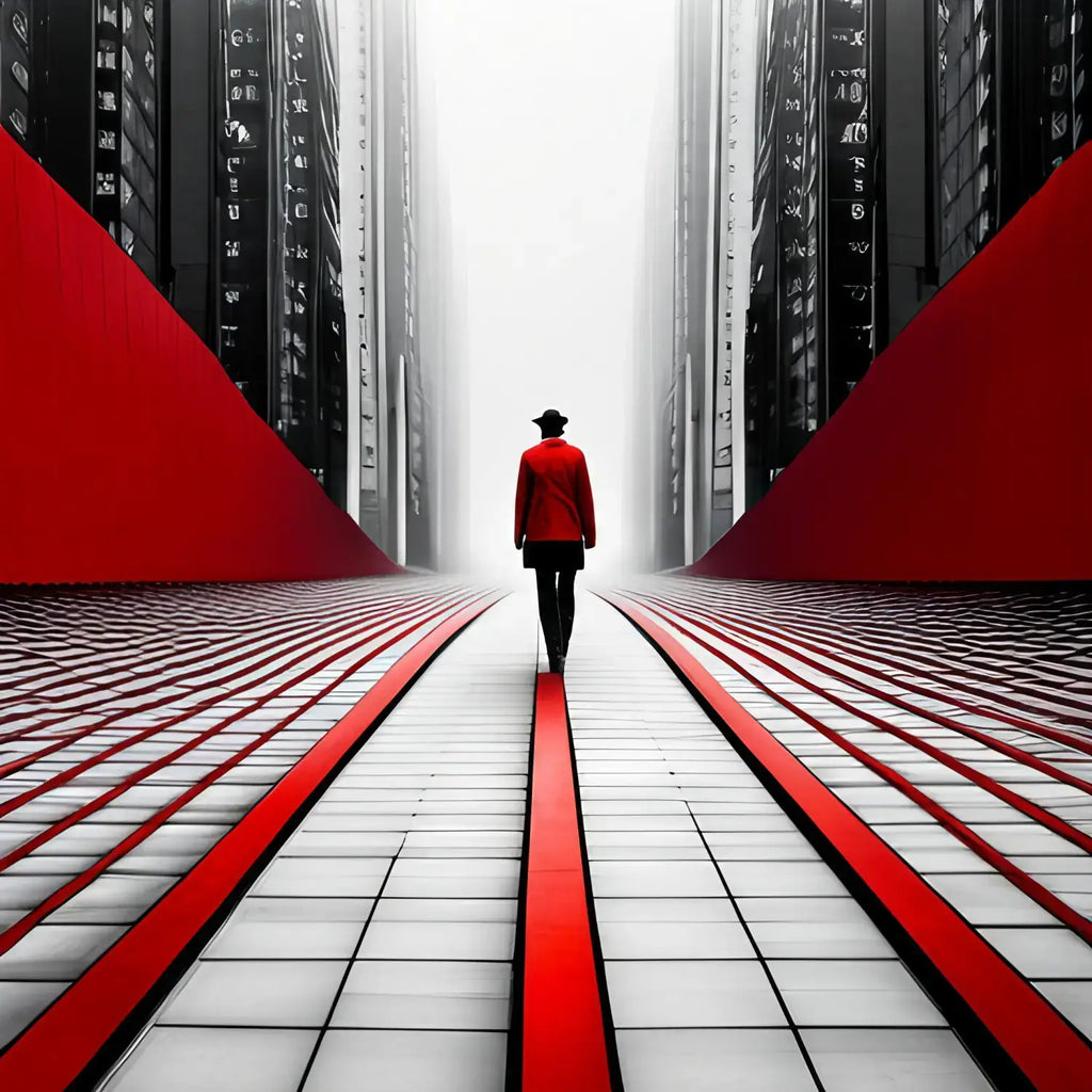 Silhouetted figure in red coat walking the red-striped path, embodying maintaining boundaries.