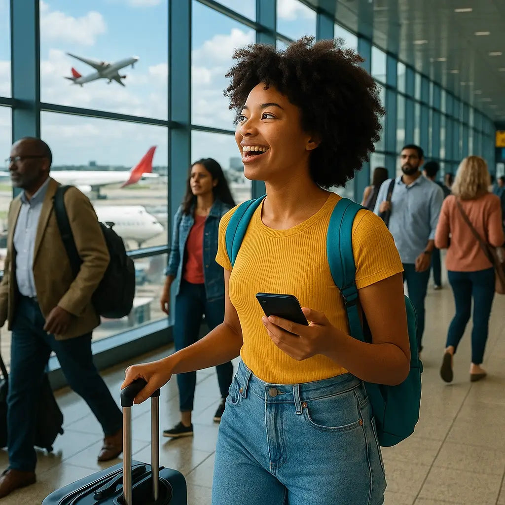 Smiling Gen Z adult in yellow shirt and jeans holding smartphone and suitcase for spiritual curiosity