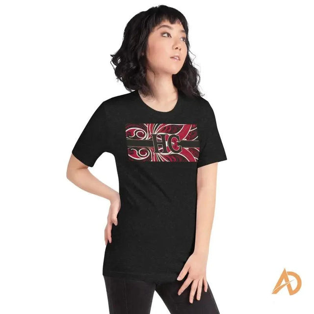 Black lightweight cotton t-shirt featuring a red and white abstract graphic design