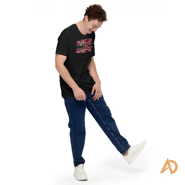 Casual individual in a black lightweight cotton t-shirt and blue jeans, embodying hustle culture