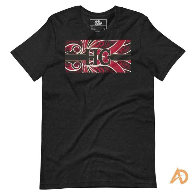 Black lightweight cotton t-shirt featuring red and white geometric HG logo design