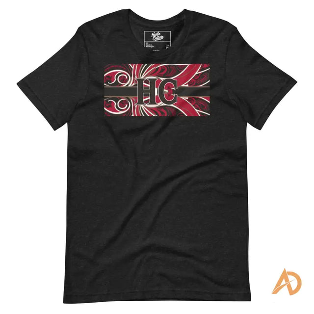 Black lightweight cotton t-shirt featuring red and white geometric HG logo design