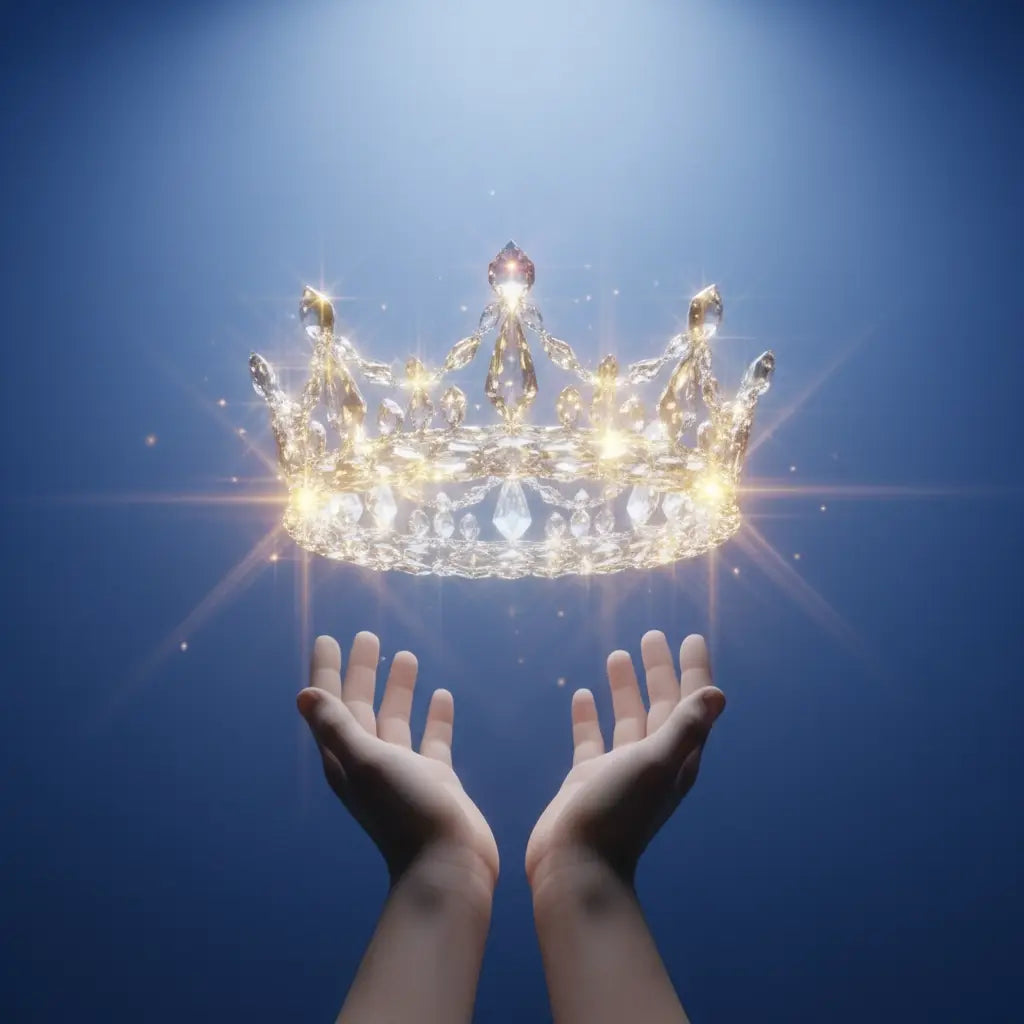 Sparkling gold and diamond crown held by cupped hands symbolizing divine encouragement and biblical affirmations